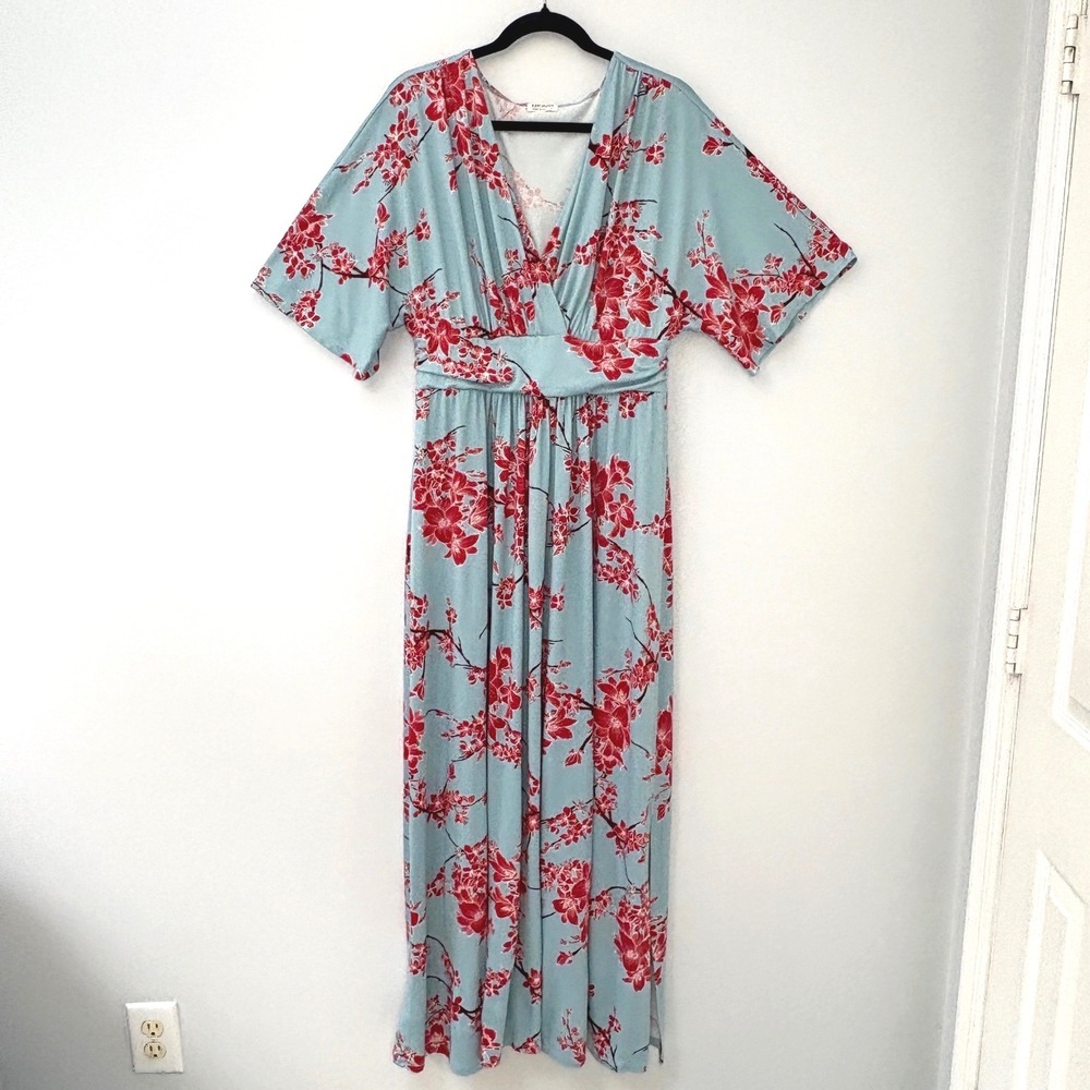 Kiyonna Cherry Blossom Floral Maxi Dress Womens 1x Kimono Sleeve - Picture 2 of 10